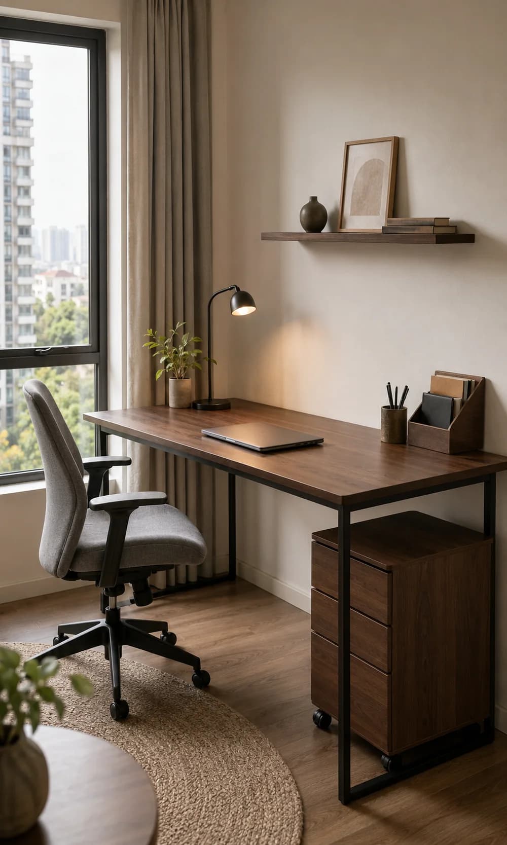 Góc làm việc bàn gỗ óc chó chân thép đen của Tana Home