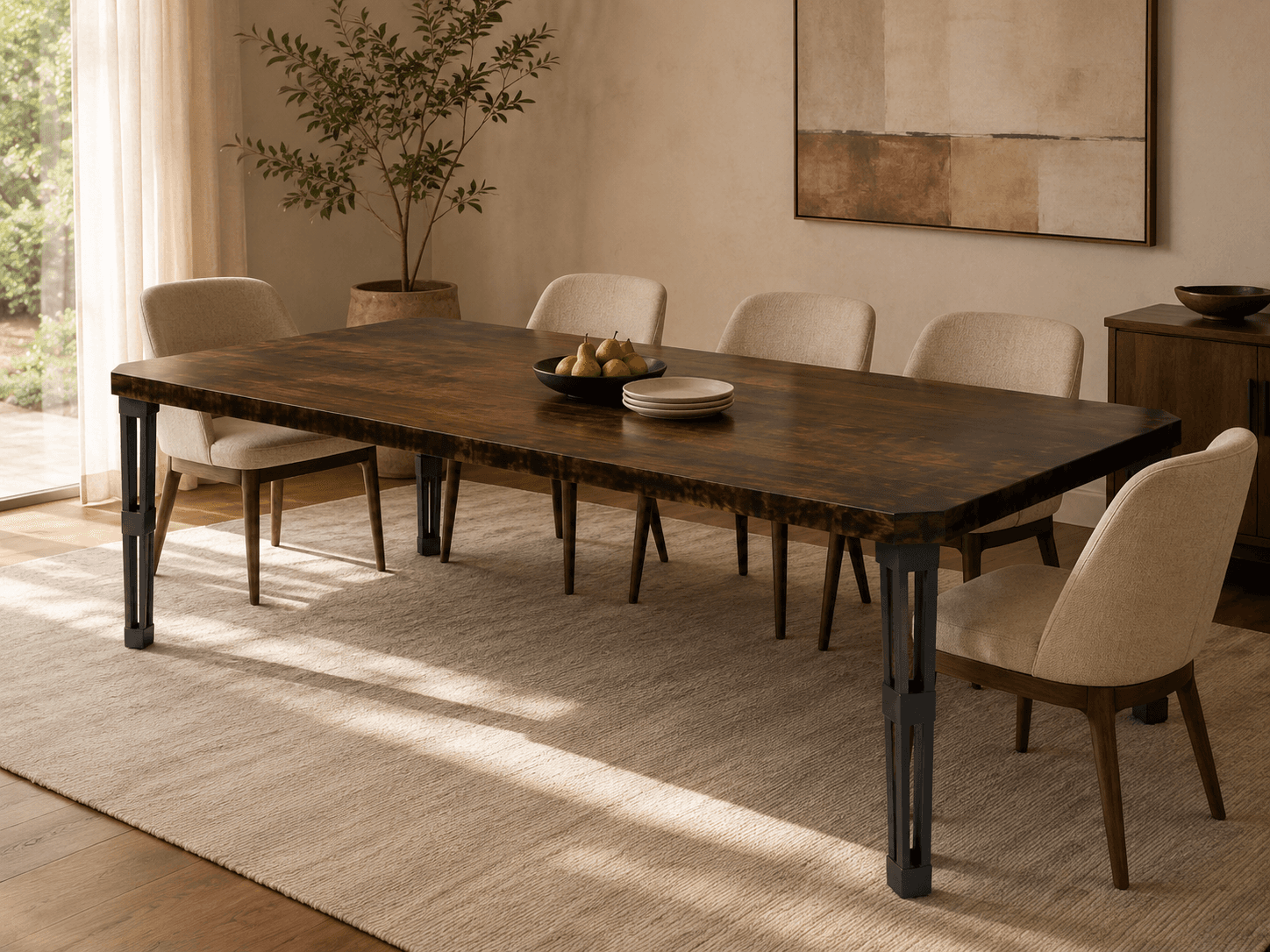 Bàn ăn Ironwood Walnut bố trí 6 ghế: 2 ghế đầu bàn và 4 ghế cạnh bàn